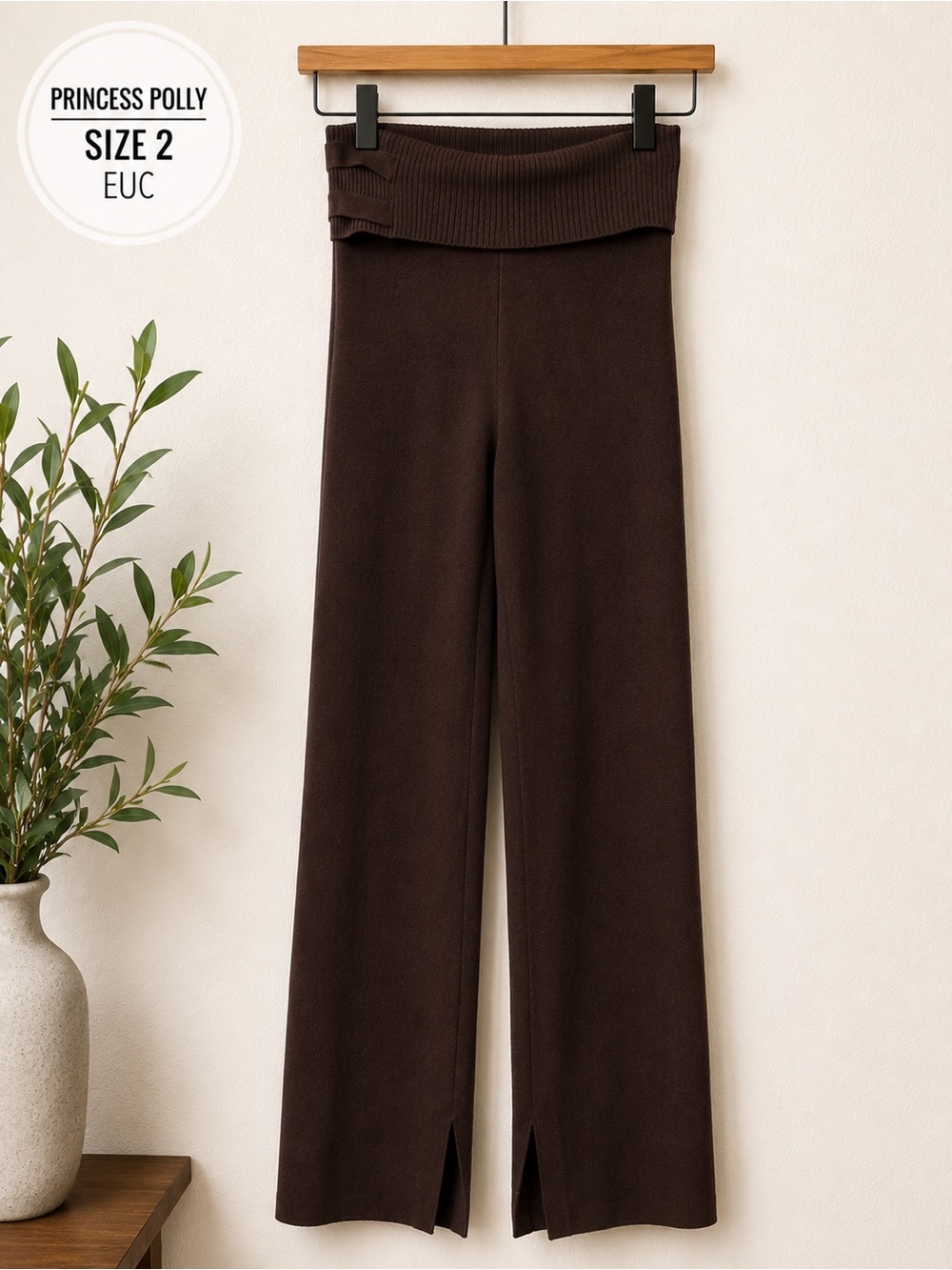 Princess Polly Dark Brown Wide-Leg Fold-Over Waist Knit Pants